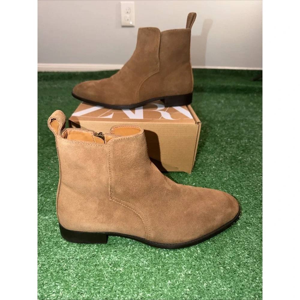 Zara Men's Brown Suede Chelsea Ankle Boots Size 7 Side Zip Casual Dress Shoes